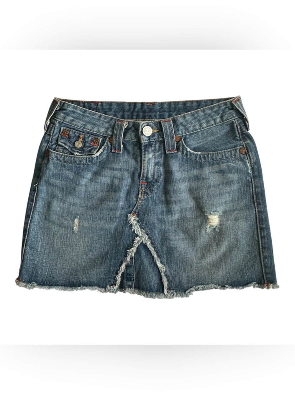 True Religion Women’s Medium Blue Denim Raw Hem Mini Skirt- Size 28